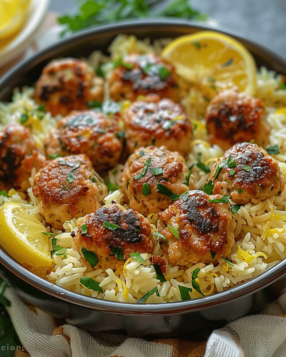 Greek Chicken Meatballs with Lemon Orzo
