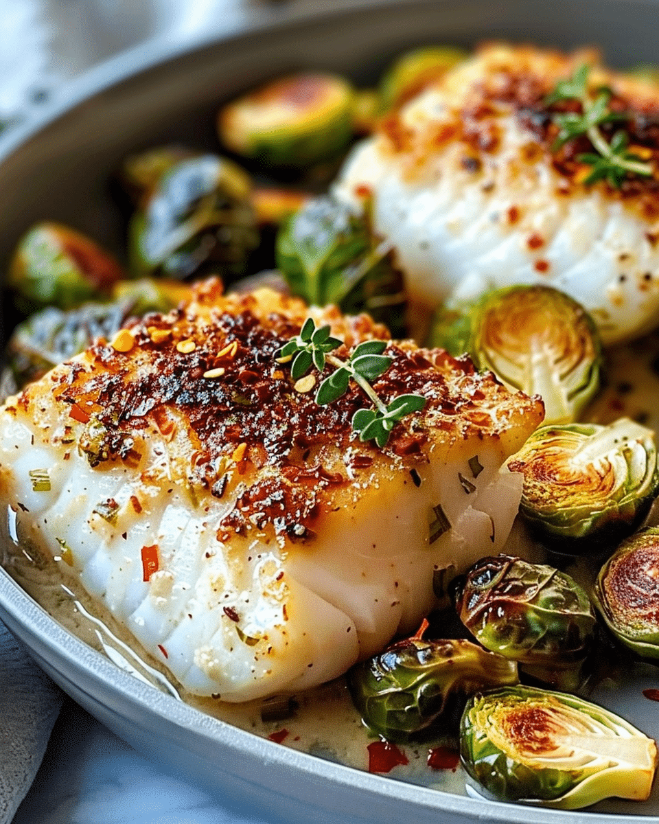 Lemon Garlic Butter Cod Bowls with Roasted Brussels Sprouts