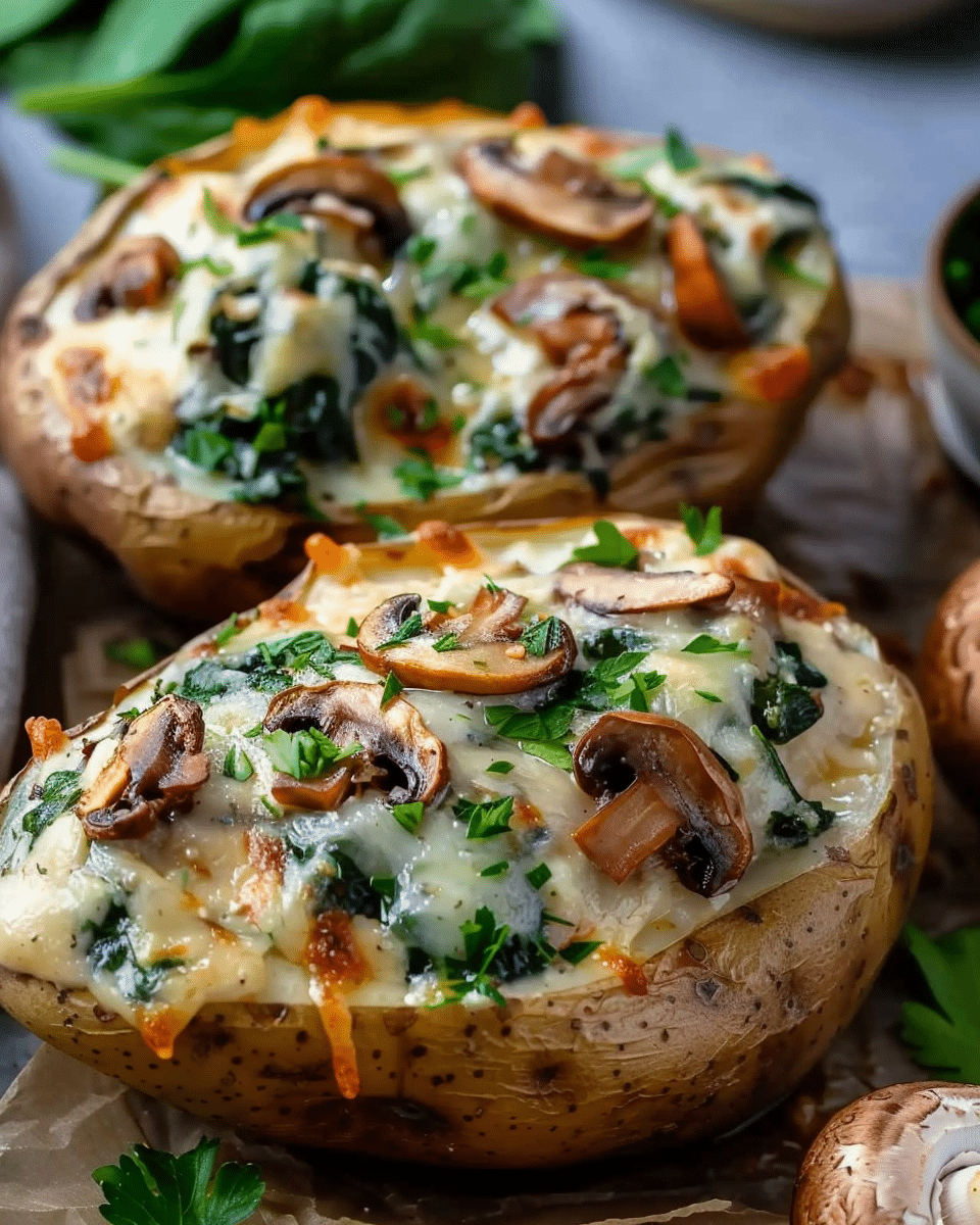 Baked Potatoes with Spinach, Cheese, and Mushrooms