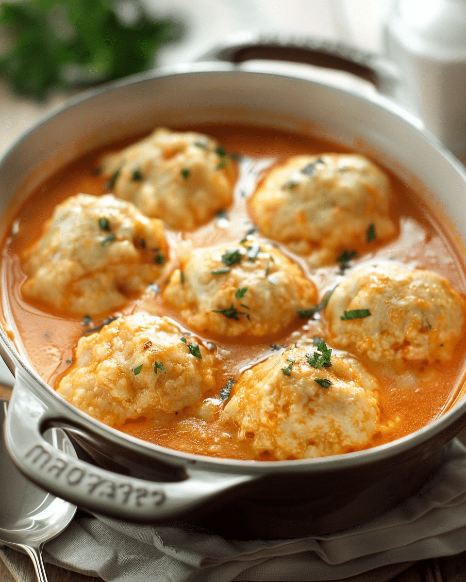Creamy Tomato Soup with Cheddar Bay Biscuit Dumplings