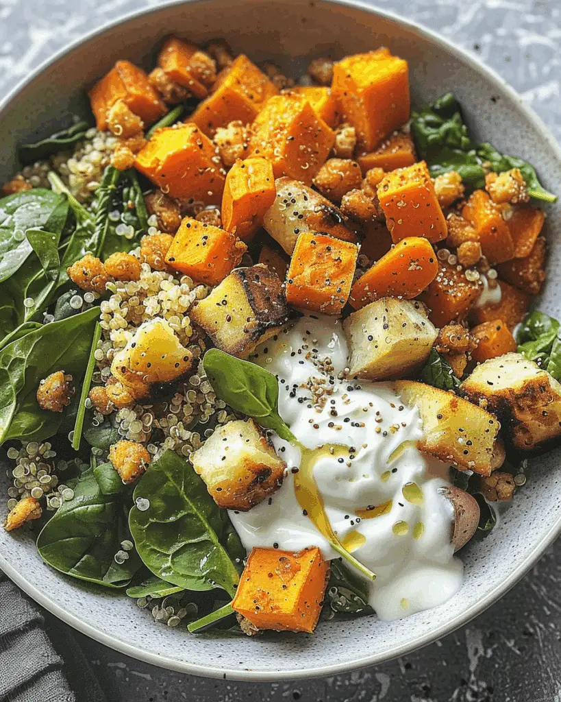Sweet Potato Chickpea Quinoa Bowls with Tahini Yogurt Sauce