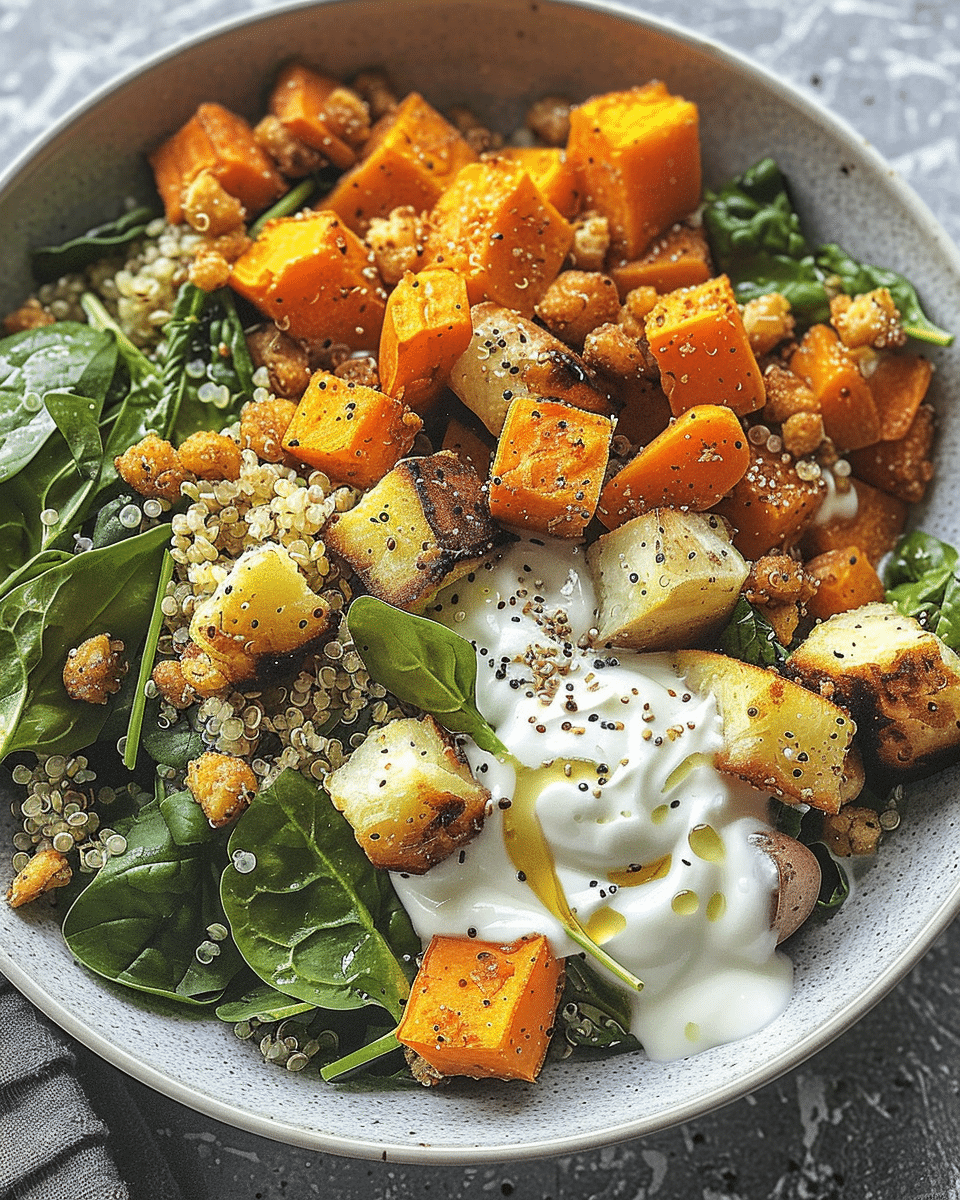 Sweet Potato Chickpea Quinoa Bowls with Tahini Yogurt Sauce