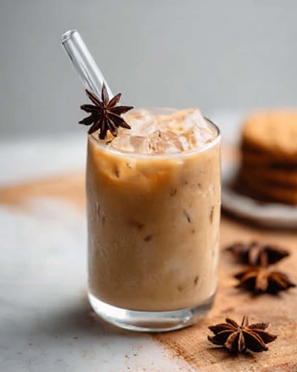 A clear glass filled with a creamy light brown iced drink sits on a wooden surface. The drink has several ice cubes floating on the top layer. On the surface of the drink, there is a dark brown star anise for decoration. A clear straw is placed inside the glass, leaning slightly to the right. In the background, some star anise are scattered on the white marbled surface, and a blurred stack of light brown cookies is visible. The photo taken with an iphone --ar 4:5 --v 7