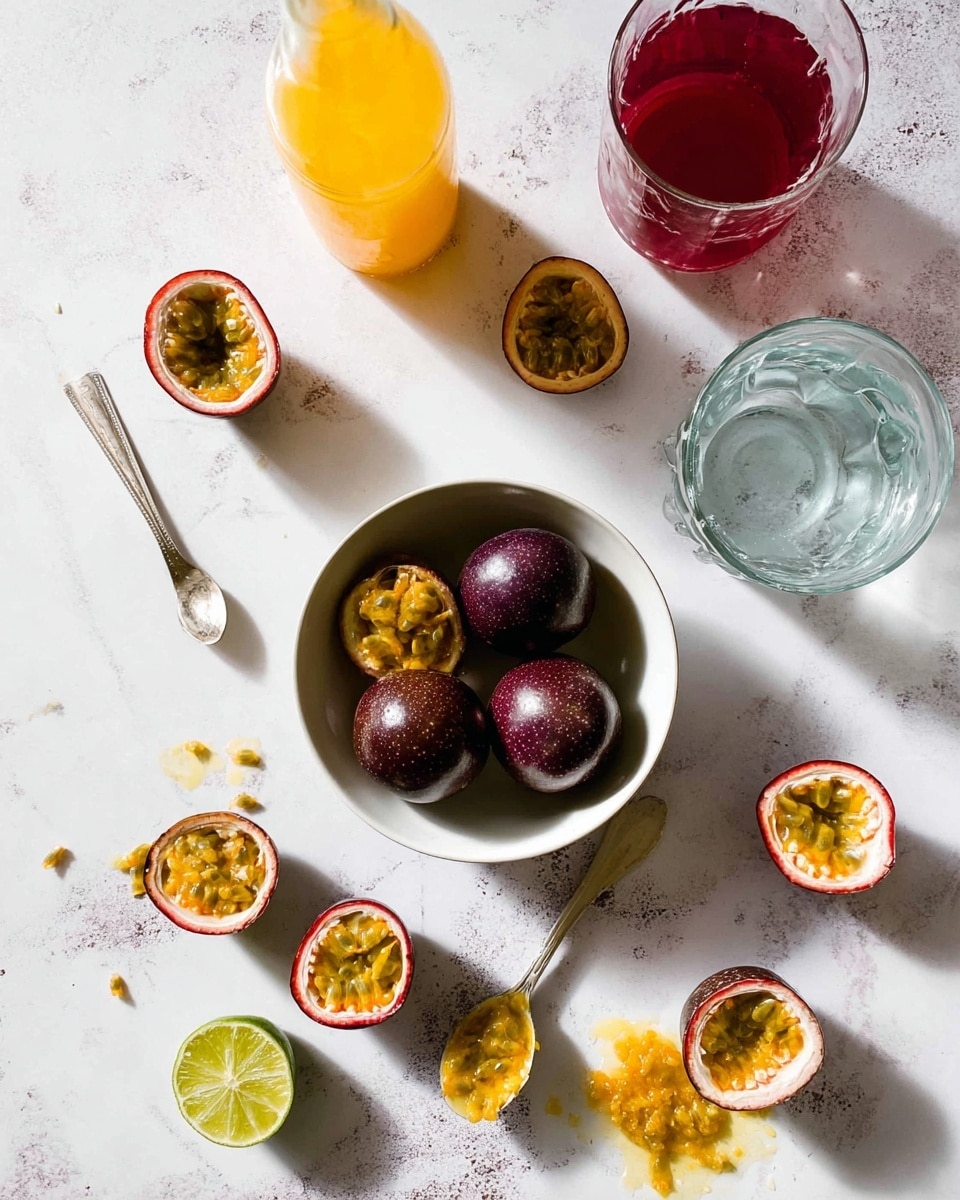 The image shows a white bowl filled with four whole dark purple passion fruits placed on a white marbled surface. Around the bowl, there are several halved passion fruits with bright orange and yellow pulp and seeds spilling onto the surface. A silver spoon with some passion fruit pulp rests near the center. Two glass bottles, one filled with orange juice and the other with light yellow juice, are positioned above the bowl. There is a glass with red liquid at the right and a transparent glass of water near the bottom. Scattered lime and lemon wedges add touches of green and yellow. The overall scene is bright and fresh, with natural light casting soft shadows. Photo taken with an iphone --ar 4:5 --v 7