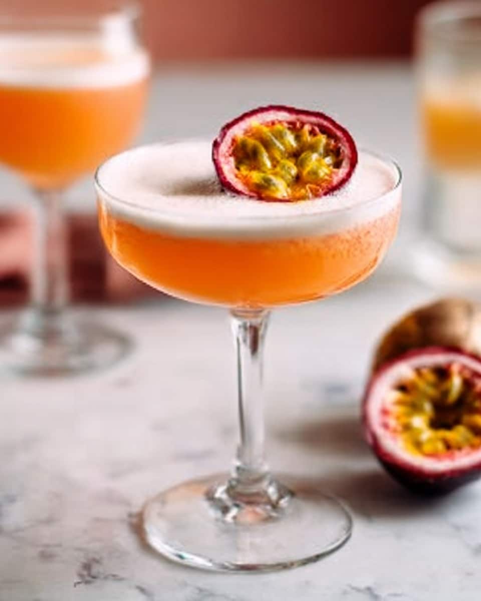 A clear glass coupe holds a bright orange-pink cocktail with a thick white foam layer on top. A round half of a passion fruit, showing yellow seeds, floats on the foam. The glass stands on a white marble surface. In the background, more glasses and a halved passion fruit are softly blurred. Photo taken with an iphone --ar 4:5 --v 7