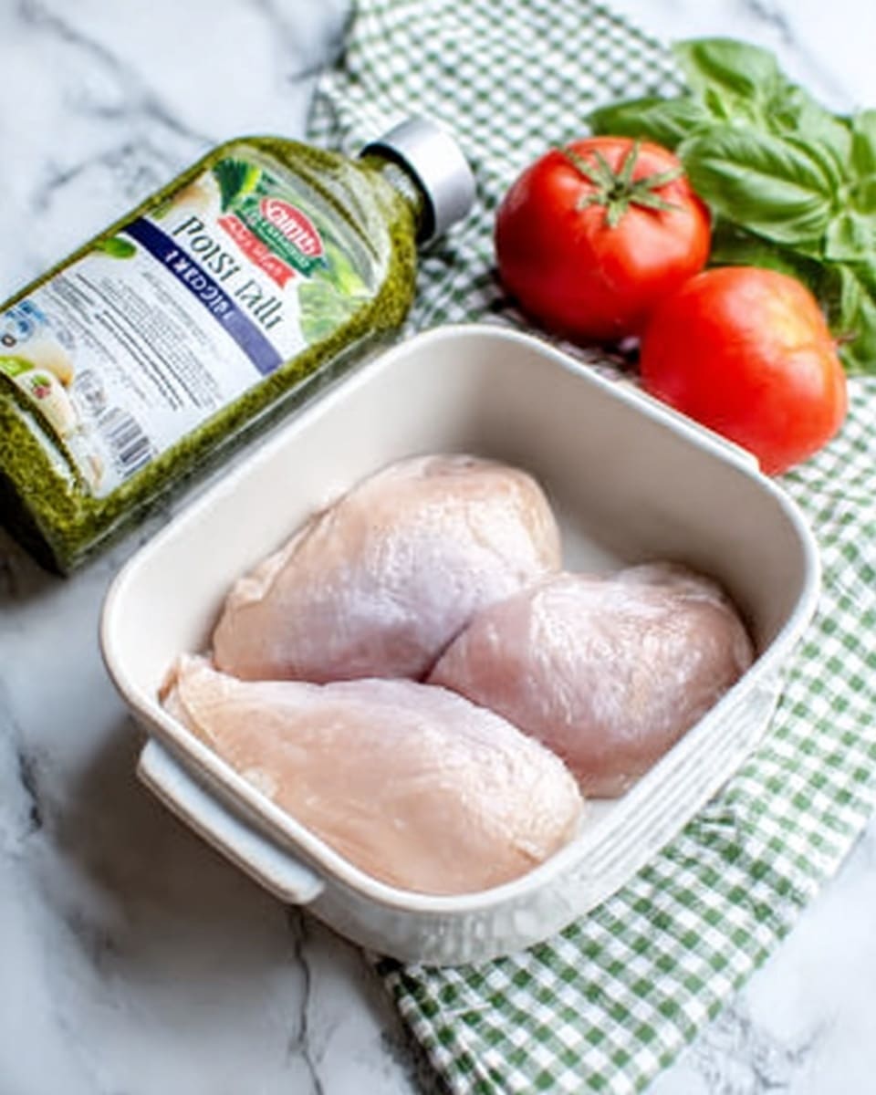 The image shows three raw chicken pieces placed inside a white ceramic baking dish on a white marbled surface. Next to the dish, there are two red tomatoes and a green bottle of basil pesto on a white and green checkered cloth. A pack of mozzarella cheese lies nearby, partially visible with the brand and label in view. The scene is well-lit, emphasizing the fresh and clean ingredients. Photo taken with an iphone --ar 4:5 --v 7