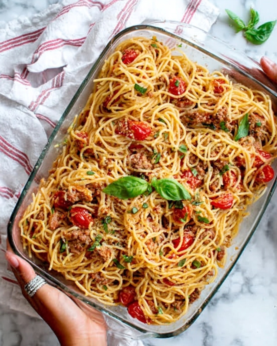 The image shows a clear glass baking dish filled with cooked spaghetti mixed with pieces of cooked meat and tomato chunks. The spaghetti is light brown, coated with sauce, and mixed with small green herbs. Bright red tomato pieces are scattered throughout, and fresh green basil leaves lay on top for garnish. A woman's hand with a silver ring holds the dish on both sides. The dish sits on a white marbled surface with a white cloth with thin red stripes in the background. Photo taken with an iphone --ar 4:5 --v 7