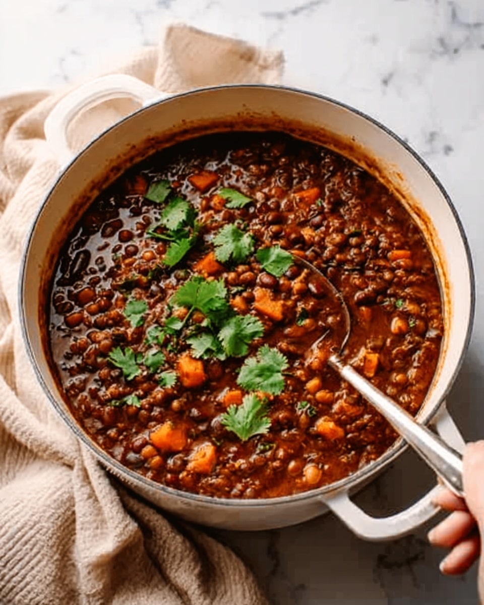 The image shows a white pot filled with rich, thick stew that has a deep brown color. The stew contains many small round beans, orange carrot pieces, and bits of herbs. Green leaves, probably cilantro, are sprinkled on top, adding a fresh touch. A spoon is inside the pot, with its handle resting on the rim. The pot sits on a white marbled surface with a soft beige cloth folded beside it, and a woman's hand holding the pot handle is partly visible. Photo taken with an iphone --ar 4:5 --v 7