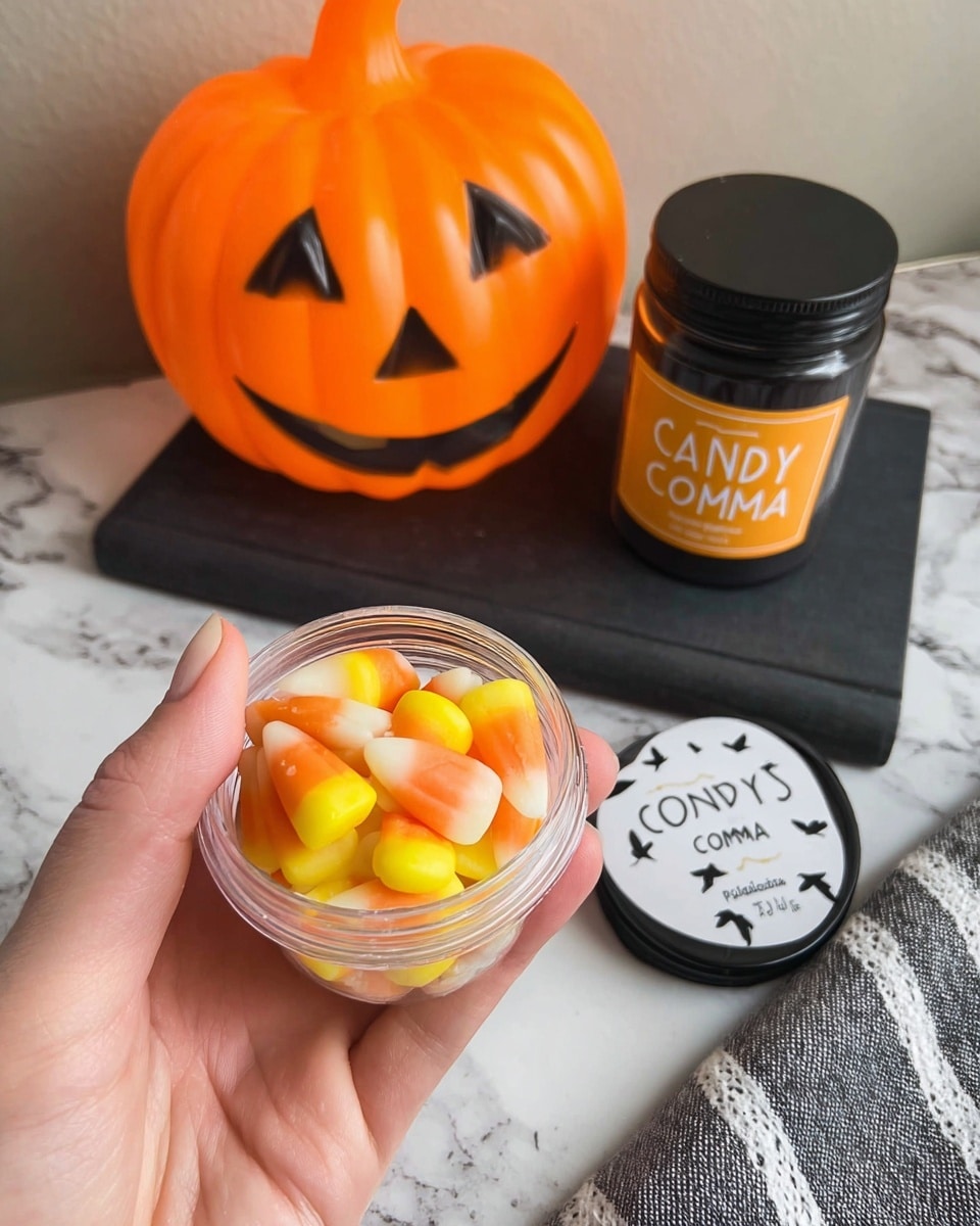 A woman's hand holds a small clear plastic container filled with yellow, orange, and white candy corn pieces that have a soft, matte texture. The container lid is off and placed nearby, showing a label with small black birds and text. In the background, there is a bright orange plastic pumpkin shaped like a jack-o'-lantern with carved triangle eyes and mouth, sitting on a black surface next to a black jar labeled