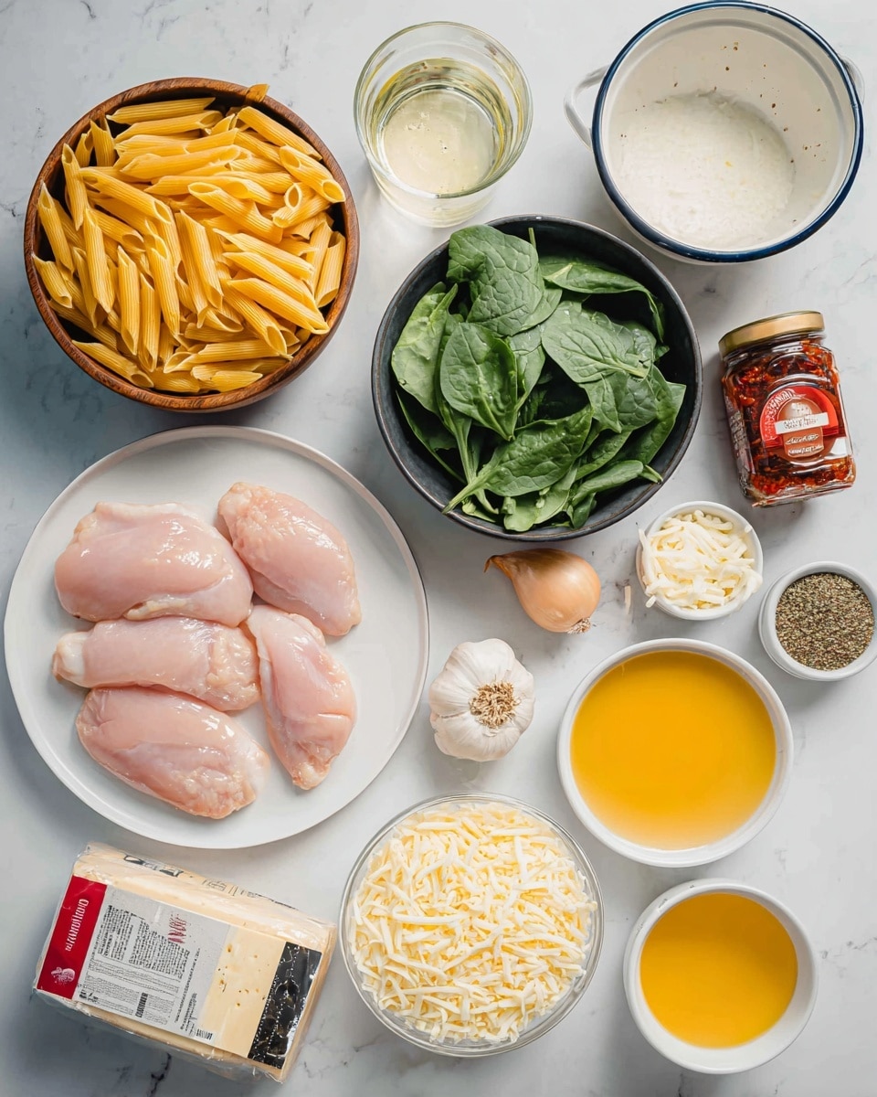 The image shows several cooking ingredients arranged neatly on a white marbled surface. At the bottom left, there is a white plate with four raw chicken pieces in soft pink color. Above it, a black bowl holds dry yellow penne pasta. In the center top, a brown wooden bowl is filled with fresh green spinach leaves. To the right of the pasta, a small glass with a light yellow liquid sits near the middle. Above that, an enamel bowl, white with a blue rim, holds a white liquid. Near the top right, a white bowl contains shredded white cheese. A small jar of sun-dried tomatoes with an orange-red label and red lid is also present near the middle right. Two garlic cloves and a whole onion with pale brown skin sit close to the bowls. At the bottom right, small white bowls hold pale yellow melted butter and yellow cornmeal. A black bowl with a light beige powder is next to the onion. In the upper left corner, there is a small clear bowl with mixed dried herbs and spices. A cream cheese package in white, black, and red is placed near the chicken plate. The scene is well-lit and clean, with all items neatly placed. Photo taken with an iphone --ar 4:5 --v 7