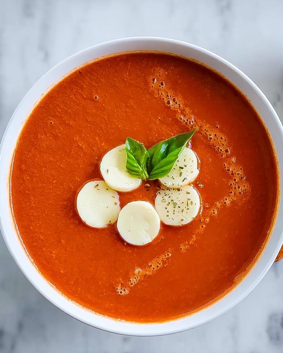A white bowl filled with smooth, thick tomato soup of deep red-orange color, topped with six small, round white cheese slices arranged in a loose cluster near the center. A small green basil leaf sits partly under the cheese slices, sitting atop a light swirl of cream blending gently into the soup. The bowl is placed on a white marbled surface. photo taken with an iphone --ar 4:5 --v 7
