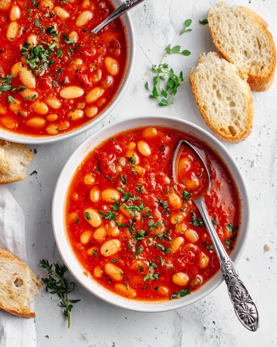 The image shows two white bowls filled with bright red tomato soup with white beans and green herbs on top. The soup looks thick with small chunks of tomatoes and beans spread evenly. Each bowl has a shiny silver spoon with detailed handles resting inside or next to it. Around the bowls are pieces of light brown bread and some green herbs scattered on a white marbled surface. The colors are warm and fresh, with the red soup standing out against the white bowls and background. photo taken with an iphone --ar 4:5 --v 7
