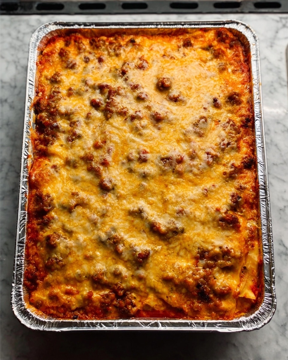 The image shows a large rectangular aluminum tray filled with a baked dish. The top layer is melted, light golden cheese that covers the entire surface, bubbling slightly in some spots. Below the cheese, visible around the edges, are uneven bits of browned sausage mixed into a tomato sauce with a rich reddish color. The tray rests on a stovetop with a white marbled texture in the background. Photo taken with an iphone --ar 4:5 --v 7