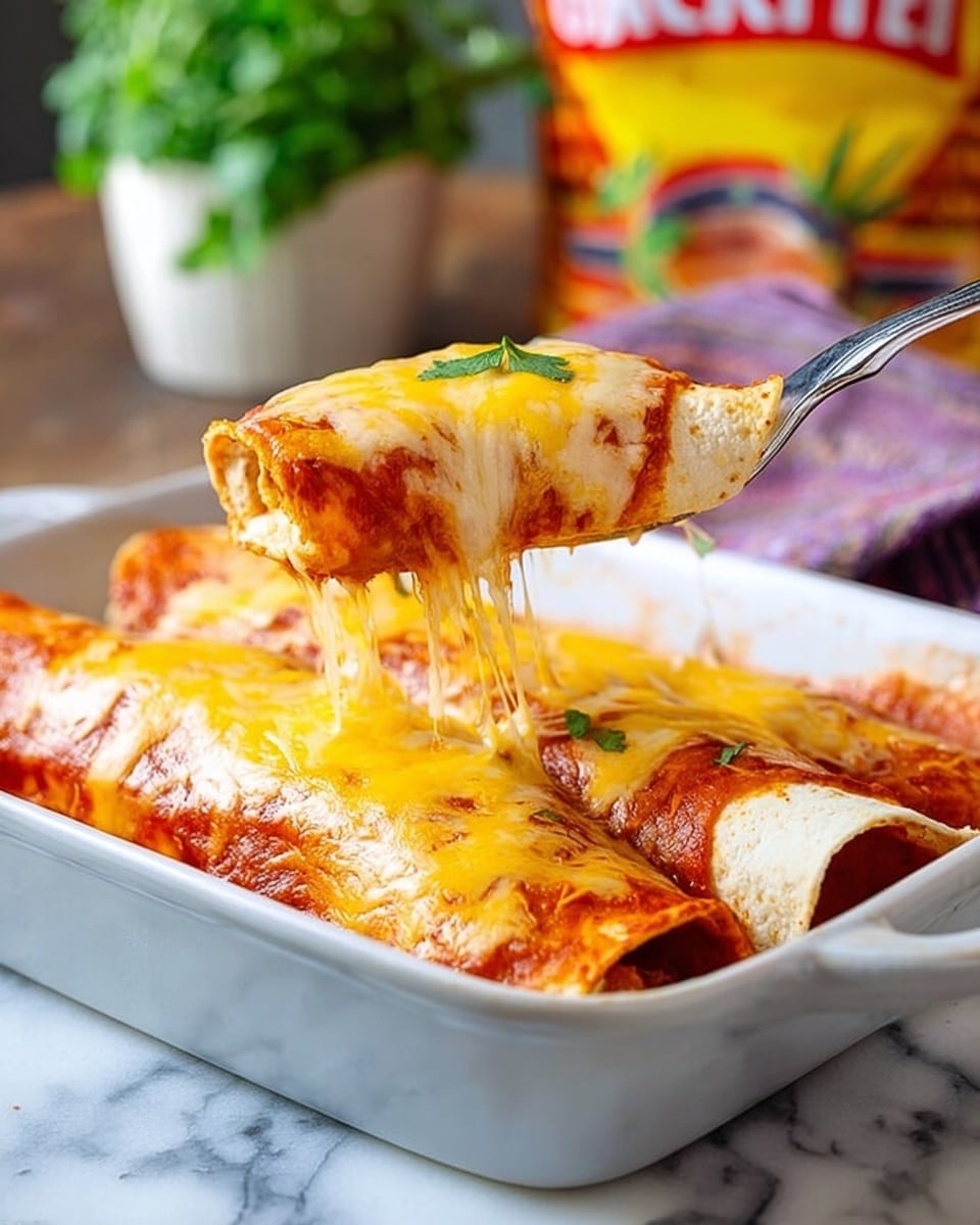 The image shows two rolled-up enchiladas in a white rectangular dish. Each enchilada is covered with a thick layer of melted yellow cheese, which stretches in thin strings as a silver fork lifts one enchilada, revealing a soft tortilla with a red sauce inside. The dish rests on a white marbled surface, and there is a blurred green plant and a colorful yellow and red bag in the background. Photo taken with an iphone --ar 4:5 --v 7