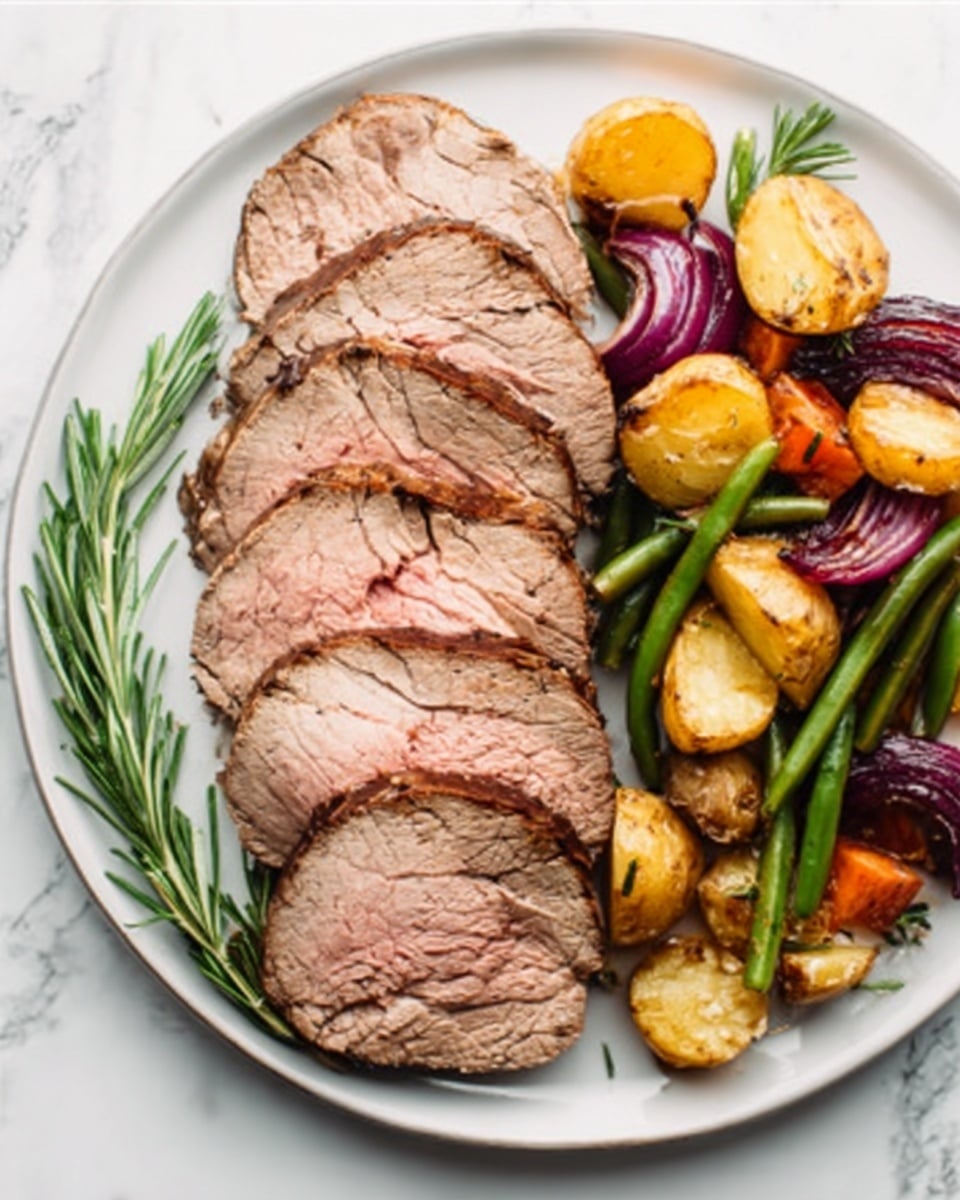 The image shows a white plate with five thick slices of cooked beef arranged slightly overlapping on the left side. The beef is light brown on the outside and pinkish red in the middle, showing it is cooked medium rare. On the right side of the plate, there are roasted vegetables including golden yellow potatoes, green beans, and red onion wedges with a slightly charred look. A sprig of fresh rosemary lies beside the beef slices, adding a touch of green. The whole plate is set on a white marbled surface. Photo taken with an iphone --ar 4:5 --v 7