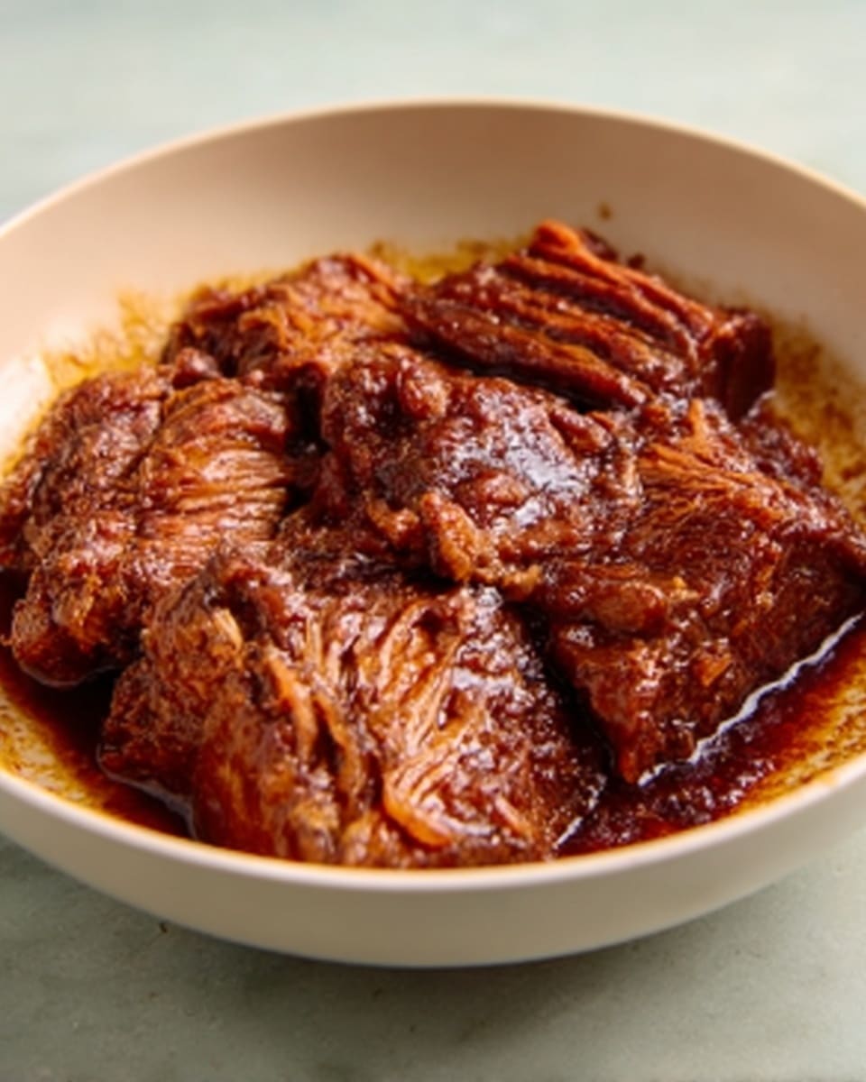 The image shows a white bowl filled with several pieces of cooked reddish-brown meat covered in a dark, glossy sauce. The texture of the meat looks tender with visible layering, and the sauce appears thick and sticky, pooling slightly around the meat pieces. The bowl sits on a white marbled surface with soft lighting creating gentle highlights on the sauce, giving a rich and appetizing look. photo taken with an iphone --ar 4:5 --v 7