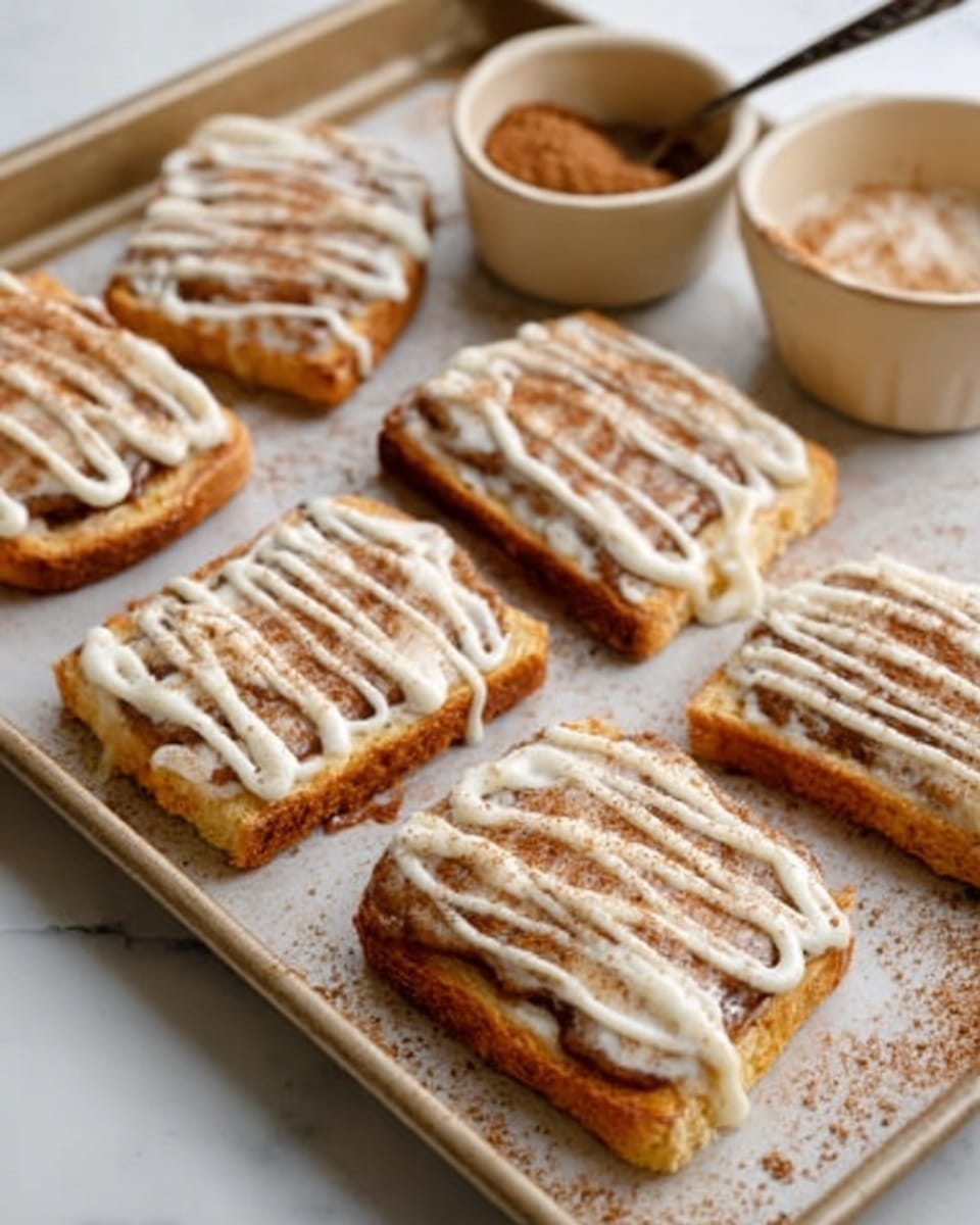 The image shows six toasted rectangular pieces of bread arranged on a baking tray with a white marbled surface beneath. Each toast has a golden-brown base with a visible layer of a light brown spread covering the top, likely cinnamon sugar or a similar sweet topping. On top of the spread, there is a thick, smooth white glaze drizzled over in thin, uneven lines creating a striped pattern. One small beige bowl filled with a brown powder and one small white bowl with a light brown mixture are in the background. photo taken with an iphone --ar 4:5 --v 7