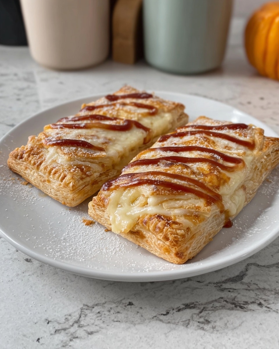 The image shows two rectangular pastries placed side by side on a white plate. Each pastry has a golden-brown, flaky crust with visible layers on the edges and is topped with melted cheese that is creamy white with slightly browned spots. Running down the center of each pastry is a line of reddish-brown sauce, likely barbecue or ketchup, adding contrast. The plate sits on a white marbled surface, and in the background, there are some kitchen containers in soft tones. photo taken with an iphone --ar 4:5 --v 7