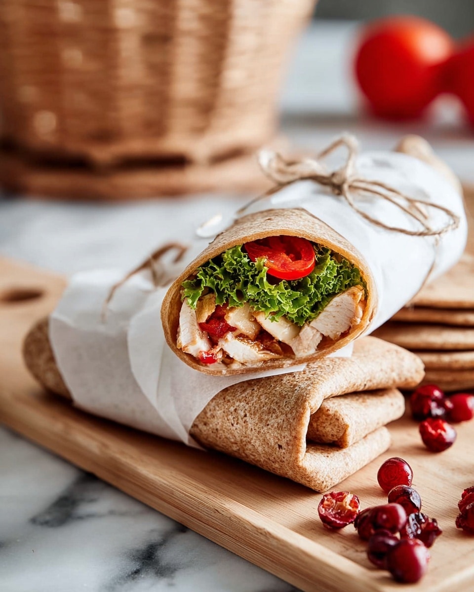 A close-up of a wrap sandwich with three layers visible inside: a base layer of light beige cooked chicken pieces, a middle layer of bright red tomato slices, and a top layer of green curly lettuce with wavy edges, all wrapped in a brown whole wheat tortilla. The wrap is half-covered with white paper and tied with a simple string, placed on top of two other whole wheat wraps on a light wooden board. Around the board, there are scattered small red berries, and the background is a white marbled surface with a blurred basket and a red tomato in the back. Photo taken with an iphone --ar 4:5 --v 7