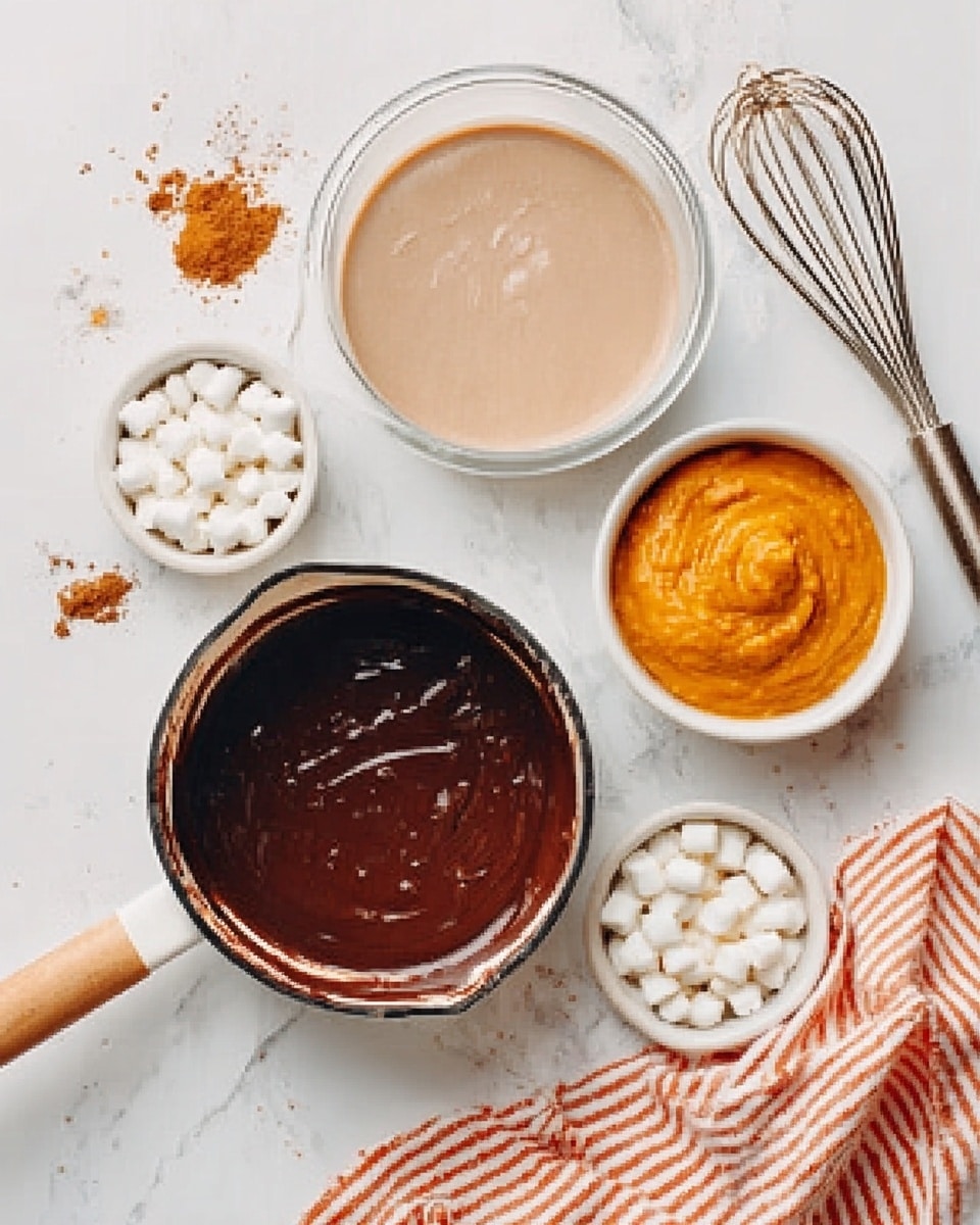 A white bowl filled with dark chocolate sits on a white marbled surface. Above it, there is a beige saucepan with creamy light brown sauce inside. To the upper left, there is a transparent glass bowl filled with white milk and next to it, a small white bowl of smooth orange pumpkin puree. On the right, a small white bowl holds mini white marshmallows. Nearby, a whisk with a wooden handle rests on the surface. There are tiny piles of spices including cinnamon and nutmeg scattered around the bowls, with one woman's hand holding a spoon lightly touching the milk bowl. A towel with orange and white stripes lies on the bottom right. Photo taken with an iphone --ar 4:5 --v 7