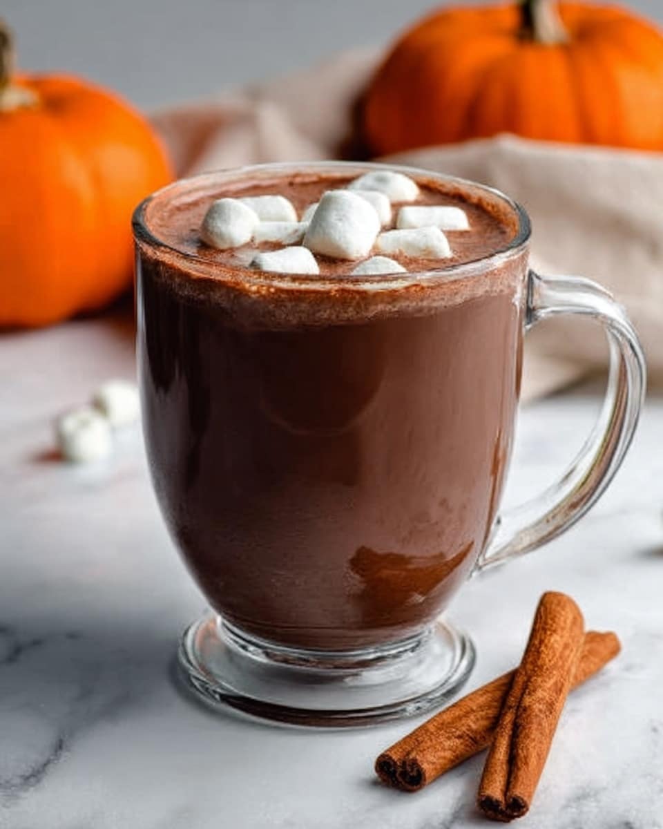 The image shows a clear glass mug filled with rich brown hot chocolate topped with several small white marshmallows. The mug sits on a white marbled surface with two sticks of cinnamon placed in front of it. In the blurry background, there is an orange pumpkin and a soft beige cloth. The hot chocolate has a smooth texture and the marshmallows float on the top layer, adding a soft, puffy white contrast to the drink. Photo taken with an iphone --ar 4:5 --v 7