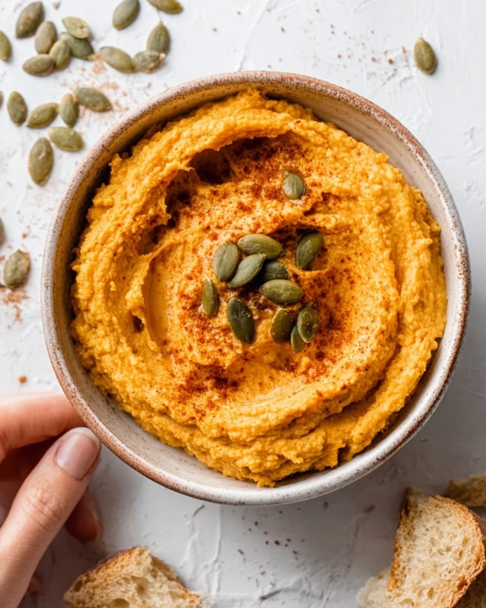 A small round white bowl filled with thick, creamy orange hummus topped with a few green pumpkin seeds and a sprinkle of reddish-brown spice on top. The hummus has a smooth, swirled texture with small peaks. The bowl is placed on a white marbled surface with scattered pumpkin seeds around it. A woman's hand is near the bowl holding a light brown bread piece. Photo taken with an iphone --ar 4:5 --v 7