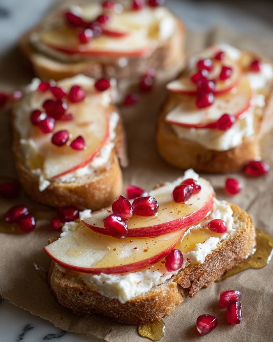 The image shows four slices of light brown toasted bread arranged on brown parchment paper over a white marbled surface. Each slice is topped with a thick layer of creamy white spread, a thin slice of red apple with the peel on, and bright red pomegranate seeds scattered on top. There are drops of honey or syrup drizzled around and on the slices, adding a shiny texture. The composition is close-up with a soft focus on the background, showing the different textures clearly. Photo taken with an iphone --ar 4:5 --v 7