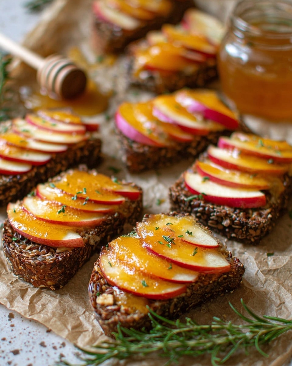 The image shows several pieces of toast arranged closely on brown paper over a white marbled surface. Each toast slice has a dark brown crust with visible seeds and nuts, giving it a textured look. On top of the toast is a layer of thin apple slices that show a gradient of red and yellow colors on the skin and pale cream inside. These apple slices are covered with a golden-orange melted cheese layer that glistens, sprinkled with small green herb flakes. In the background, there is a small glass jar with honey and a wooden honey dipper, along with a sprig of fresh rosemary, adding a fresh green detail. The lighting highlights the glossy texture of the melted cheese and the juicy look of the apples. photo taken with an iphone --ar 4:5 --v 7