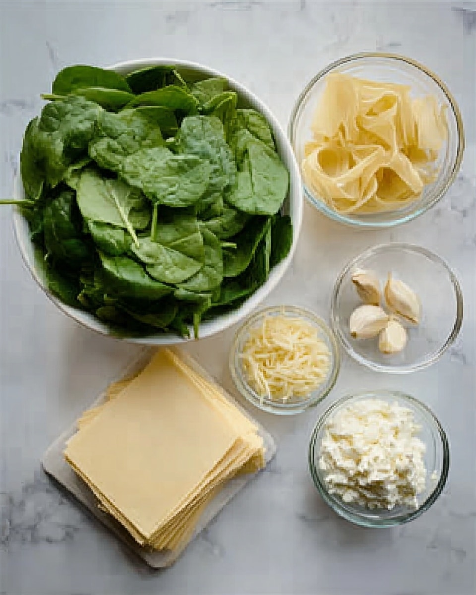 The image shows several clear glass bowls and a large white bowl arranged on a white marbled surface. The large white bowl is filled with fresh, bright green spinach leaves. Next to this bowl is a stack of flat, pale yellow dough sheets in a rectangular shape. In the top right corner, a smaller clear bowl contains pale yellow folded pasta sheets. Around it, three small clear bowls hold shredded pale yellow cheese, two peeled white garlic cloves, and a mound of white ricotta cheese. The overall colors include green, pale yellow, and white, and the textures range from leafy and soft to smooth and creamy. photo taken with an iphone --ar 4:5 --v 7