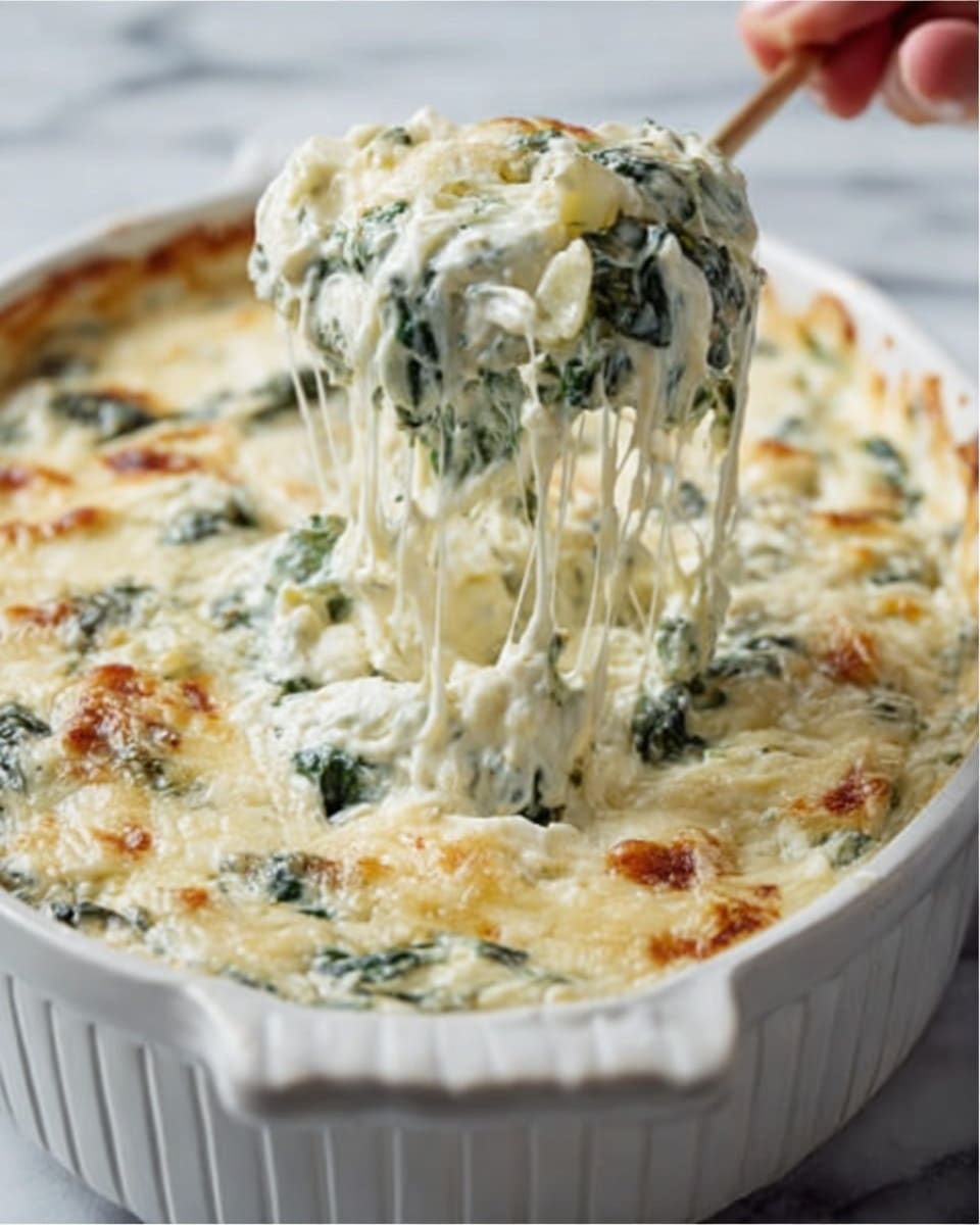 The image shows a white ceramic baking dish filled with a creamy spinach and cheese dip. The dip has three layers visible: the bottom layer is smooth and light cream in color, the middle layer has bright green spinach pieces mixed throughout, and the top has melted cheese in light yellow tones with some strings of cheese stretching upward as a woman's hand lifts a scoop. The texture looks rich and soft, with the spinach adding spots of darker green. The baking dish rests on a white marbled surface. photo taken with an iphone --ar 4:5 --v 7