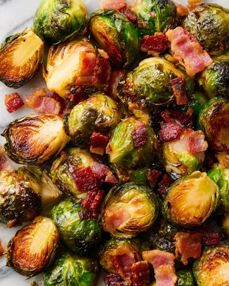 The image shows a close-up of roasted Brussels sprouts mixed with small pieces of crispy bacon. The Brussels sprouts are golden brown and green, with a slightly shiny and cooked texture, some leaves appear slightly charred. The bacon bits are reddish-brown with a crunchy texture, scattered evenly among the sprouts. The dish is placed on a white marbled surface, highlighting the warm and rich colors of the food. Photo taken with an iphone --ar 4:5 --v 7