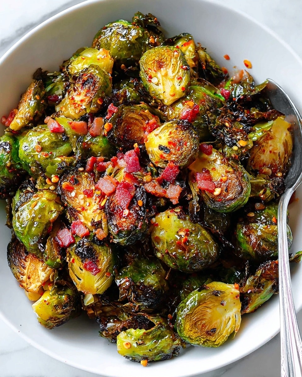 A white bowl filled with roasted Brussels sprouts that are browned and slightly blackened on the edges, giving a mix of dark green, golden, and black textures. Small pieces of red bacon or similar topping are scattered throughout, adding bright red and pink highlights. The sprouts show a mix of exposed inner light green layers and crispy outer leaves, with a sprinkle of coarse salt and red chili flakes visible on top. A silver spoon rests inside the bowl on the right side, and the bowl sits on a white marbled surface photo taken with an iphone --ar 4:5 --v 7