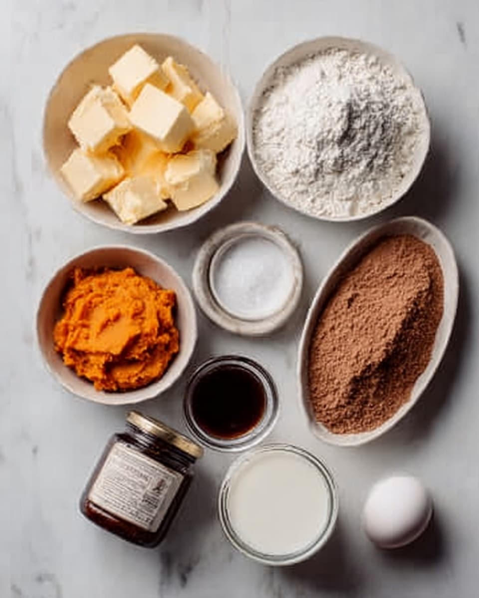The image shows several white bowls and a small white plate placed on a white marbled surface. The top left bowl contains light yellow butter cubes. To its right is a large bowl filled with white flour. Below the flour, a small bowl has white salt, and next to it on the right, an oval bowl holds light brown cocoa powder. Below the butter, there is a small bowl with bright orange pumpkin puree. To the right of the pumpkin, a small round dish holds dark brown syrup. At the bottom center, there is an open jar of dark brown vanilla extract with a label visible. To the right of the vanilla jar, a small white bowl contains white milk. Near the bottom right corner, a single white egg is placed directly on the surface. The overall look is neat and organized with soft natural light. Photo taken with an iphone --ar 4:5 --v 7
