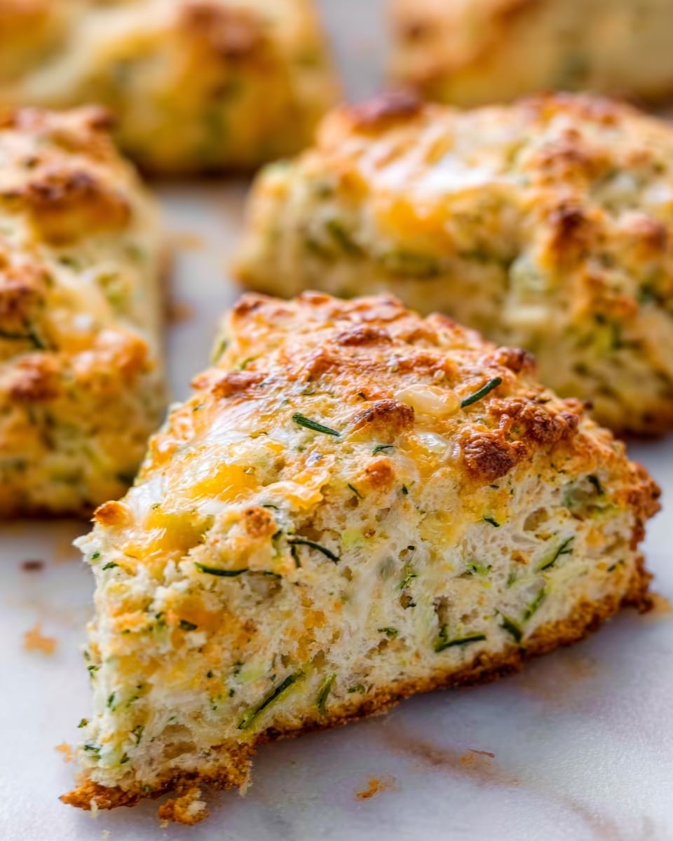 The image shows a close-up of a golden scone piece resting on a white marbled surface. The scone has a crumbly texture with visible specks of green herbs and bits of melted cheese spread throughout. The top layer is slightly shiny and browned, giving it a crispy look while the inside appears soft and moist. Other scone pieces with similar colors and textures are blurred in the background. Photo taken with an iphone --ar 4:5 --v 7