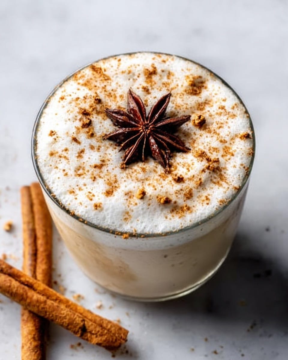A clear glass cup filled with a creamy, light beige drink topped with a thick layer of fluffy white foam that has a smooth texture. The foam is sprinkled with fine brown cinnamon powder and small bits of nutmeg, adding specks of darker brown all over. On top sits one large, dark brown star anise resting near the center. The cup is placed on a white marbled surface with two cinnamon sticks partially visible nearby. photo taken with an iphone --ar 4:5 --v 7