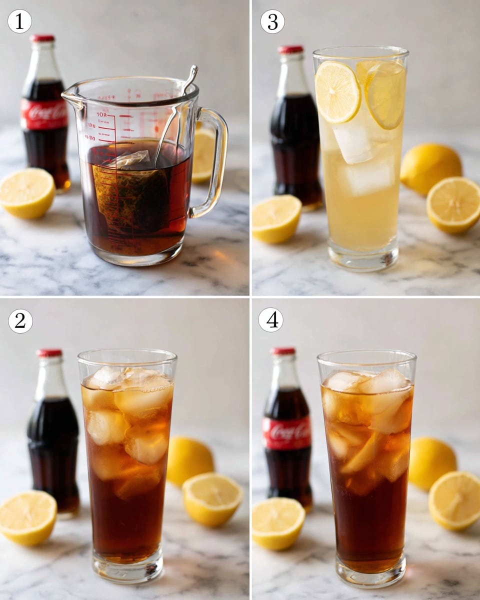 The image shows four steps for making a cold drink. In step one, there is a clear glass measuring cup filled with dark brown tea and a tea bag steeping inside it, sitting on a white marbled surface. Step two shows a tall clear glass filled with ice cubes and lemon slices, with a pale yellow liquid at the bottom, placed on the same white marbled surface; a small glass bottle of dark soda and lemon wedges are in the background. Step three shows two tall clear glasses on the white marbled surface; each glass has ice cubes, lemon slices, and a light brown liquid filling more of the glass, with the soda bottle still in the background. Step four shows a close-up of one glass with ice cubes and lemon slices, filled halfway with dark soda and the rest with the light tea liquid, creating a layered drink, sitting on the white marbled surface with lemon wedges and the soda bottle behind it. photo taken with an iphone --ar 4:5 --v 7