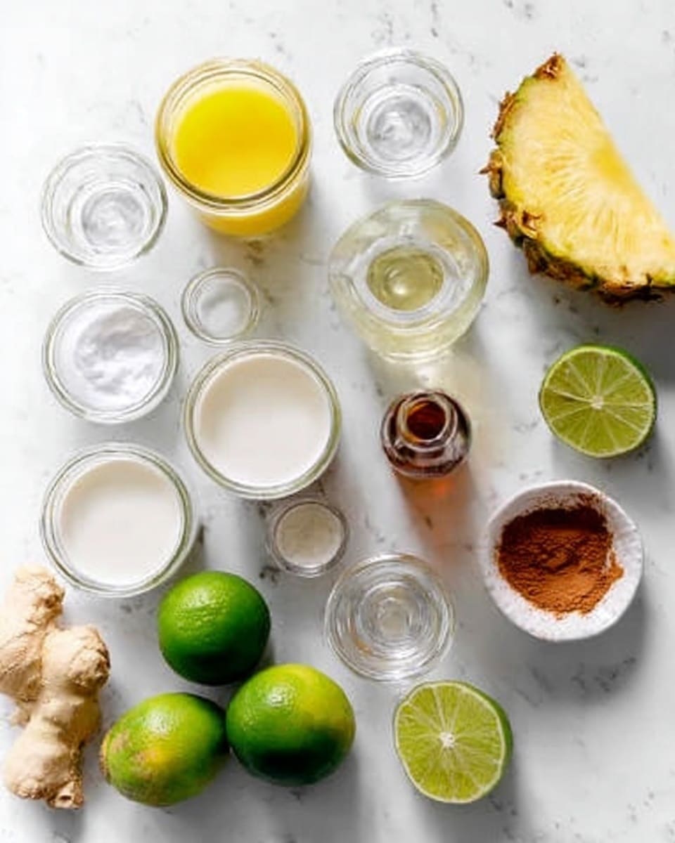 The image shows various ingredients spread out on a white marbled surface, ready for cooking. There are whole and sliced green limes with shiny green skin and juicy light green inside, a small clear jar of honey, a small white bowl with bright orange powder, a glass cup with yellow juice, and some pieces of fresh yellow pineapple. Small glass bowls hold clear liquids and a few other spices. These items are arranged loosely in a circle around an empty central spot, giving a clean and fresh feel. The photo taken with an iphone --ar 4:5 --v 7