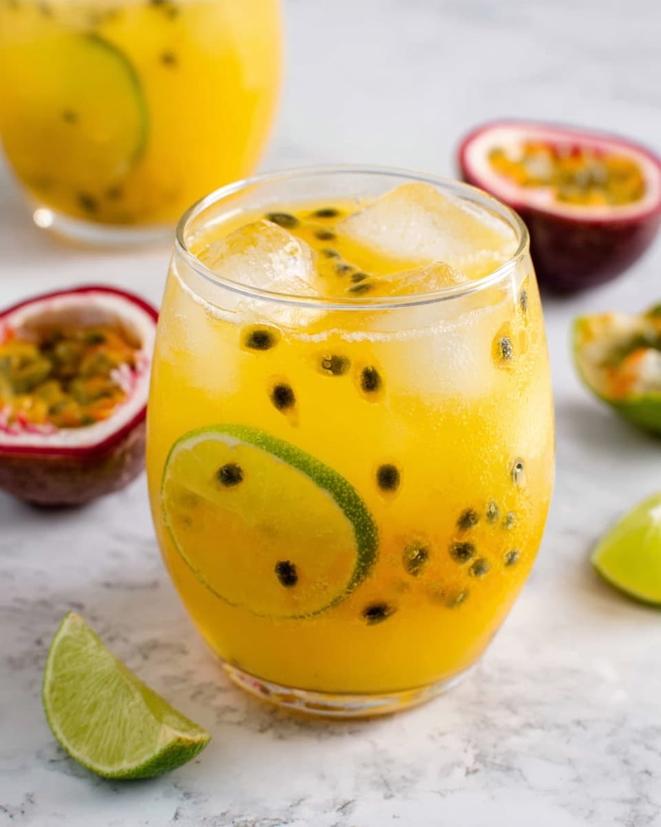 A clear rounded glass filled with a bright yellow passionfruit drink containing small black passionfruit seeds and chunks of yellow pulp, several ice cubes floating on top, and thin green lime slices inside the drink, placed on a white marbled surface. Around the glass, there are two halves of passionfruit with orange pulp and black seeds visible, a small green lime wedge near the back, and another glass filled with the same yellow juice blurred in the background. Photo taken with an iphone --ar 4:5 --v 7