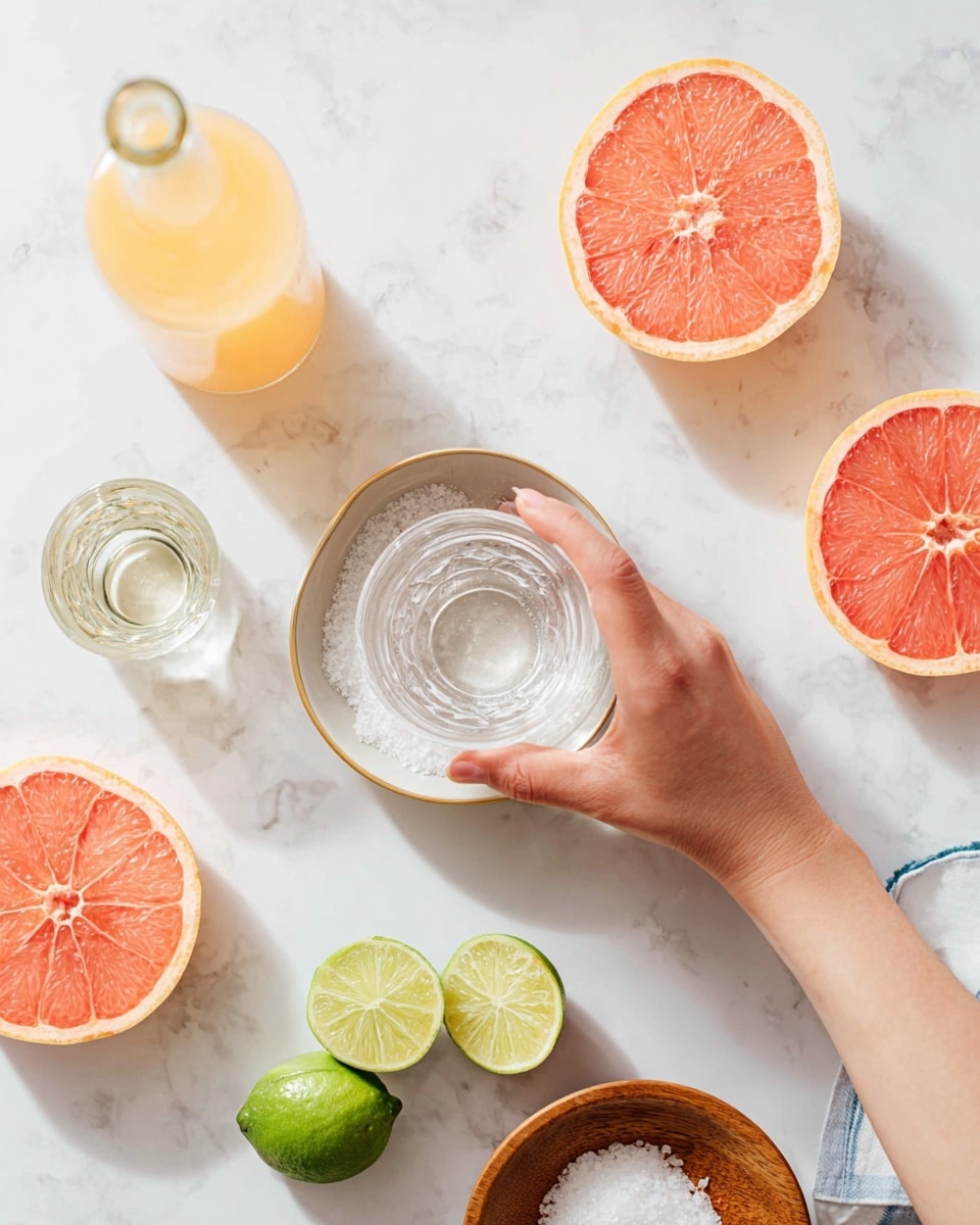 A woman's hand is holding a clear glass above a small white bowl filled with coarse salt in the center of the image. Around the bowl, there are three round slices of bright pink grapefruit showing their juicy texture, and two lime wedges with light green flesh and dark green skin. To the left, there is a small, clear shot glass filled with liquid and a round white jug filled with light orange liquid is positioned near the top left corner. All items are placed on a white marbled surface with grey veins running through it. A small wooden bowl filled with salt is on the bottom right next to a white bag with blue text. Photo taken with an iphone --ar 4:5 --v 7