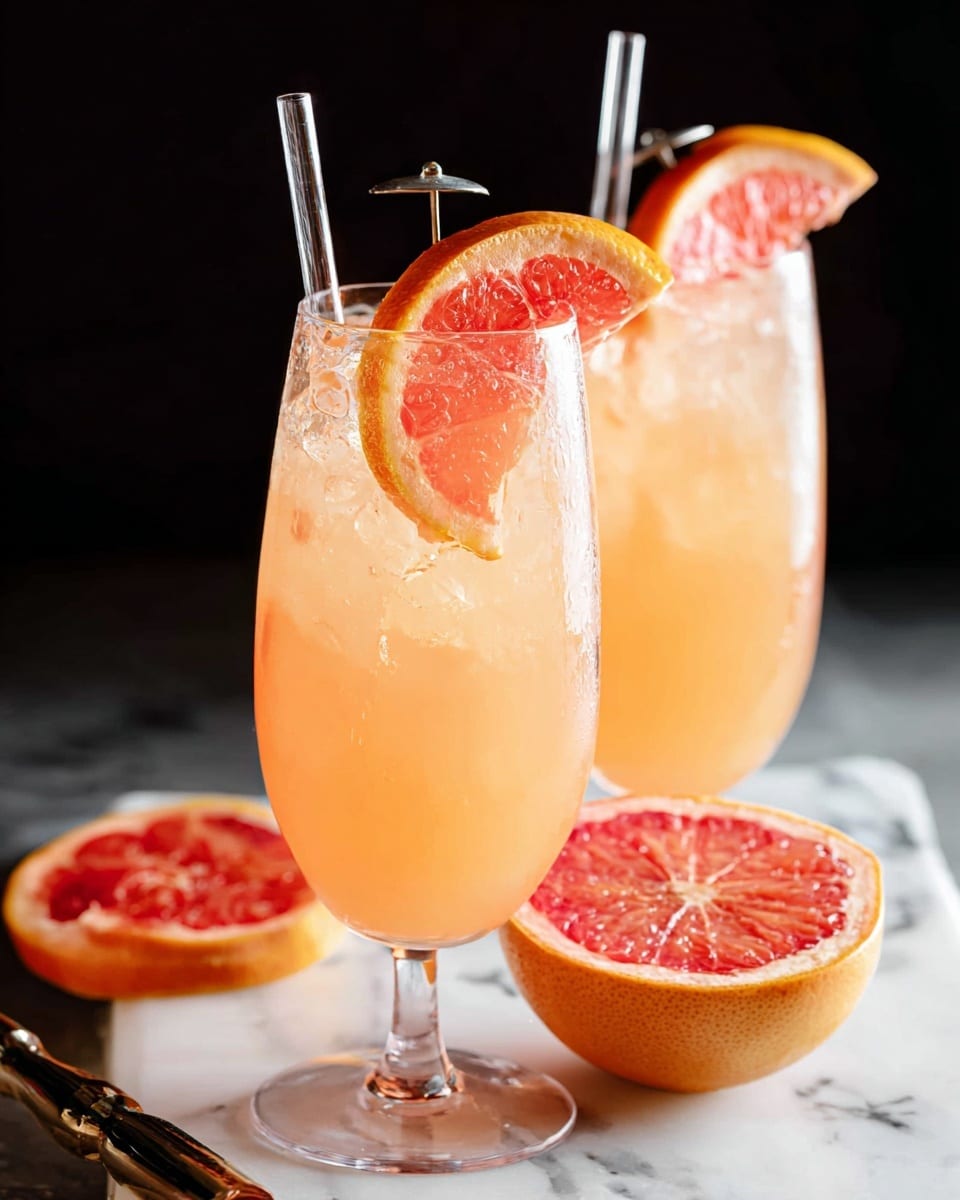 Two tall wine glasses filled with light orange iced drink are placed on a white marbled surface. Each glass has two large citrus slices, one orange and one pink grapefruit, pinned on the rim with a silver pick. Inside each glass, there is a clear glass straw standing upright in the icy drink. In the foreground, a half pink grapefruit and a half orange rest close to the glasses on the same white marbled surface. The background is dark, making the light drinks and fruit slices stand out. Photo taken with an iphone --ar 4:5 --v 7