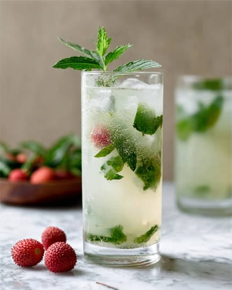 A tall, clear glass filled with a light, milky white drink with visible ice cubes inside. Inside the drink, green mint leaves are floating and some are pressed against the glass. A green mint sprig garnishes the top of the drink, standing upright. The glass is placed on a white marbled surface with some red lychee fruits scattered around. In the background, there is a blurred second glass with the same drink on the right side. Photo taken with an iphone --ar 4:5 --v 7