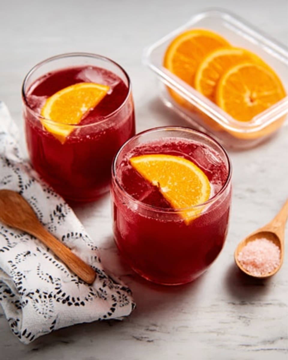 Two clear glasses filled halfway with bright red liquid sit on a white marbled surface. Each glass has a thin slice of orange placed inside on the side, half-submerged in the drink. Near the glasses, there is a white cloth with a black pattern partially folded, and a wooden spoon with a small mound of pink salt lies next to the cloth. At the top right of the image, a small clear container holds several orange slices stacked neatly inside. Photo taken with an iphone --ar 4:5 --v 7
