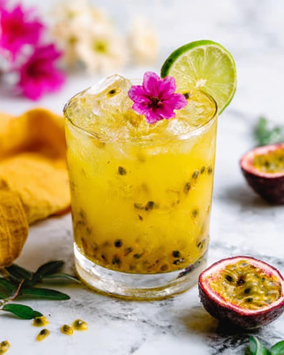 A clear glass filled with a bright yellow drink containing visible passion fruit seeds and small ice cubes. A thin slice of lime is placed on the rim of the glass. On top of the drink, there is a small bright pink flower as a decoration. The glass sits on a white marbled surface with scattered passion fruit halves and green leaves around it. A yellow cloth is partly visible on the left side of the image. The background is softly blurred with white and a few pink flowers. Photo taken with an iphone --ar 4:5 --v 7