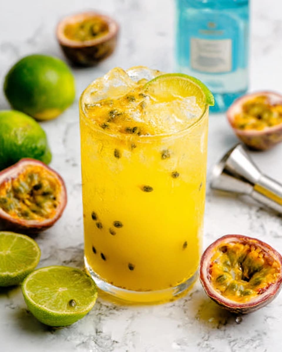 A clear glass filled with a bright yellow drink that has floating seeds and ice cubes, showing a mix of smooth and crunchy textures. The glass is placed on a white marbled surface, surrounded by halved limes with green skin and vibrant juicy interiors, as well as halved passion fruits showing their yellow pulp and black seeds. A metal jigger and a bottle with a light blue label stand behind the glass, completing the fresh and tropical feeling. Photo taken with an iphone --ar 4:5 --v 7