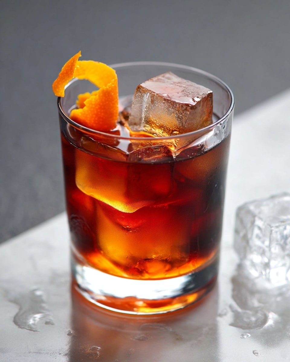 A clear short glass filled with dark amber liquid, layered with three large ice cubes that are clear and shiny, sitting in different positions inside the glass. On top of the ice cubes is a curled bright orange peel garnish resting against the glass edge. The glass is placed on a white marbled surface with a few small droplets of water and an ice cube beside it. Photo taken with an iphone --ar 4:5 --v 7