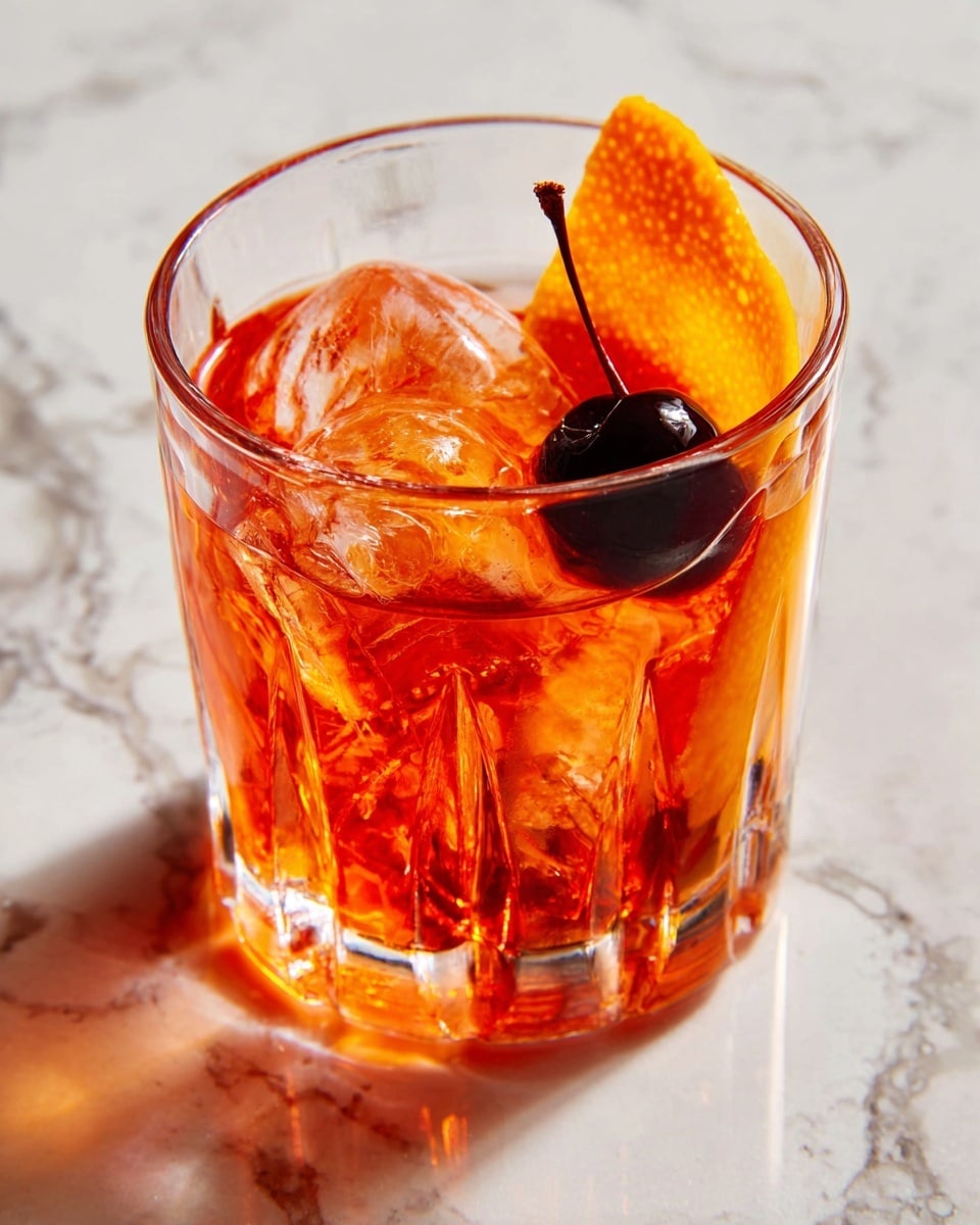 A clear, short glass with a thick bottom filled with a bright amber liquid and several transparent ice cubes. Inside the glass, there is a dark cherry sitting near the ice and an orange peel curl resting on the side, partially inside the drink. The glass is placed on a white marbled surface. photo taken with an iphone --ar 4:5 --v 7