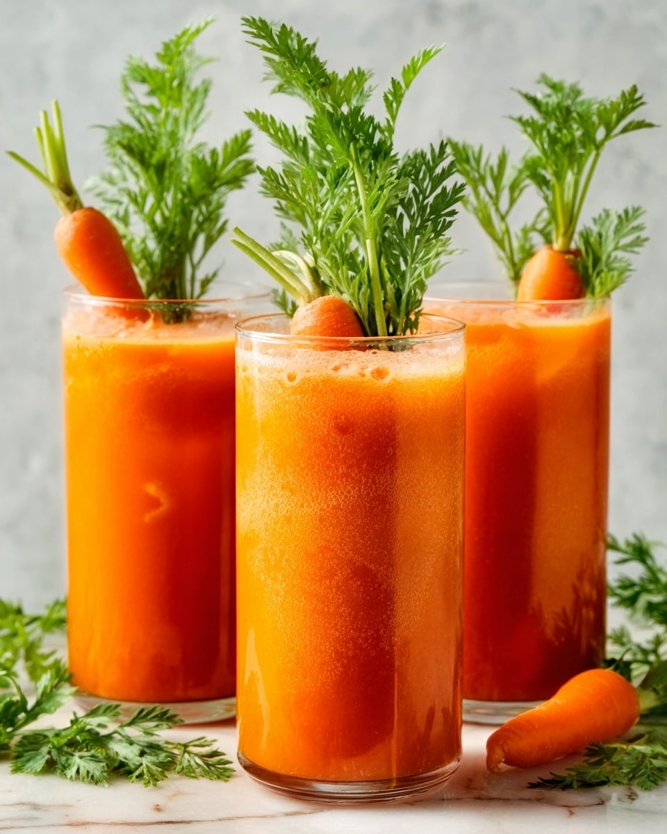 Three tall glasses filled with bright orange carrot juice. Each glass has a small bunch of fresh green carrot leaves sticking out at the top, along with a small whole carrot inside the juice. The texture of the juice looks smooth and thick. The glasses are set on a white marbled surface with a soft, light background. Photo taken with an iphone --ar 4:5 --v 7
