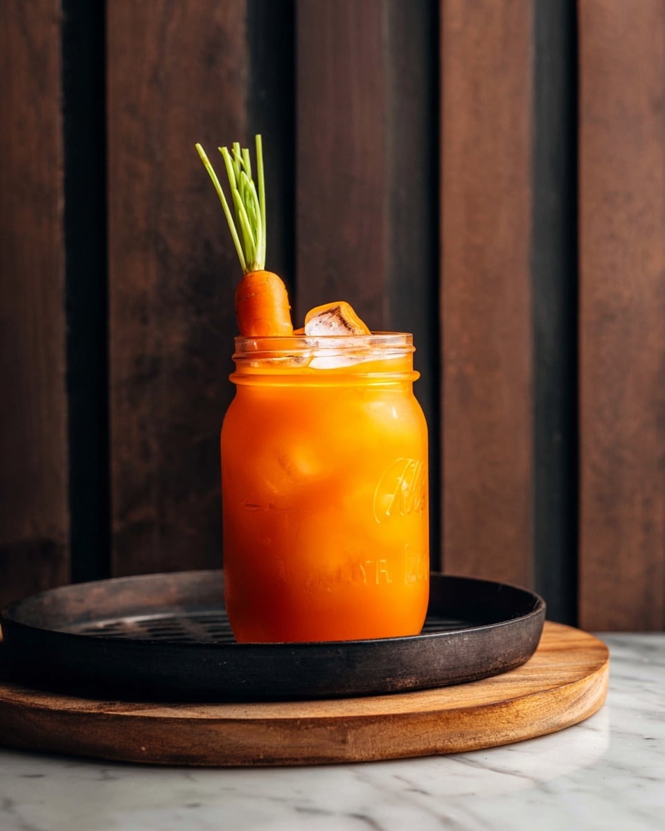 A clear glass jar filled with bright orange iced drink, showing ice cubes inside. The jar is topped with a small fresh carrot with green stalks sticking out. The jar sits on a black metal tray that rests on a round wooden board, all placed on a white marbled surface. The background is dark with vertical wooden panels. Photo taken with an iphone --ar 4:5 --v 7