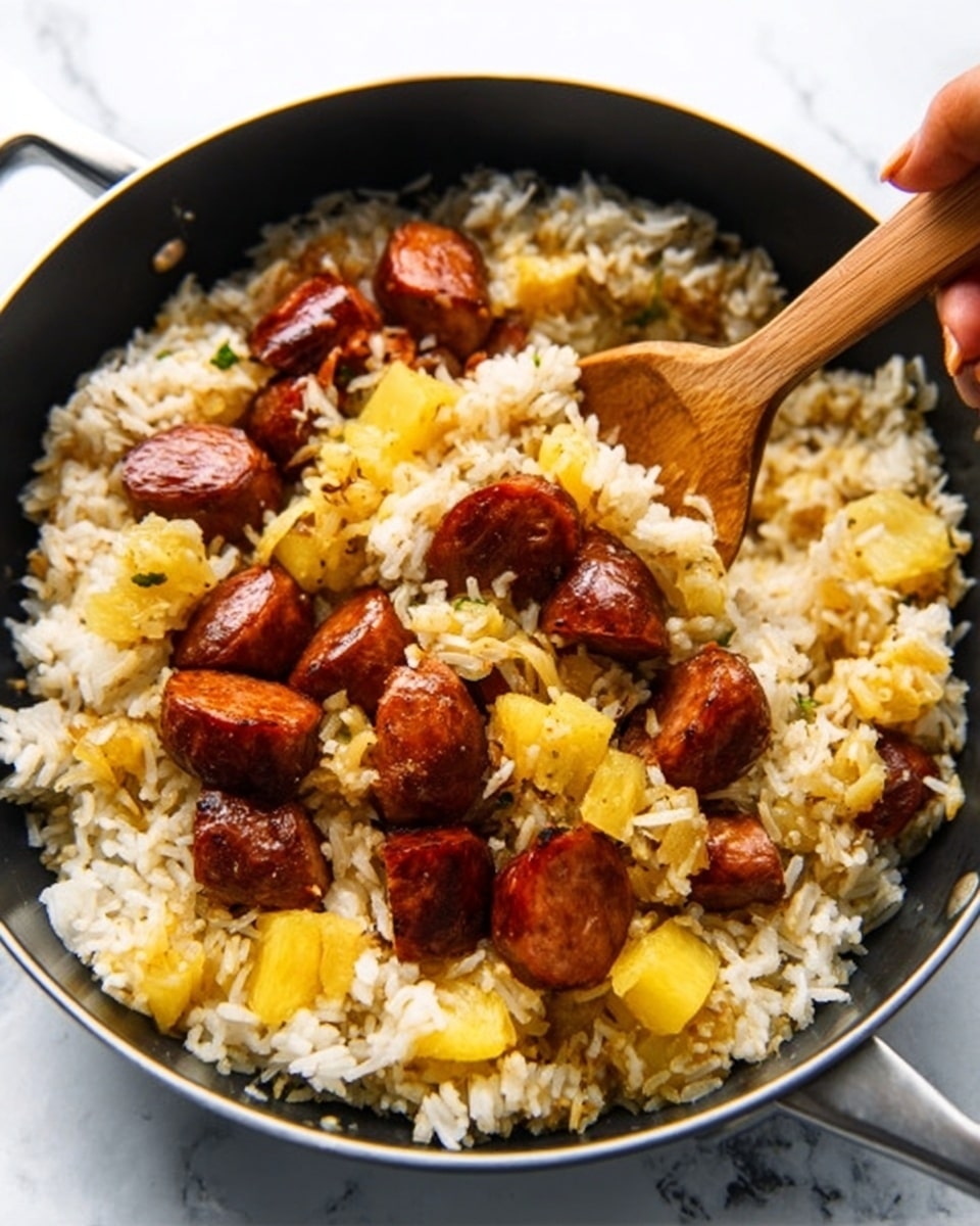 The image shows a white bowl filled with sliced sausage and cooked rice mixed with small pieces of cooked onion and herbs. The sausage slices have a reddish-brown color with a slightly shiny surface, and they are scattered evenly throughout the light tan rice. The rice grains look soft and slightly sticky, with bits of translucent onion adding texture. The dish is placed on a white marbled surface, and a woman’s hand is holding the bowl from the side. The overall look is warm and inviting, showing a simple and hearty meal. photo taken with an iphone --ar 4:5 --v 7
