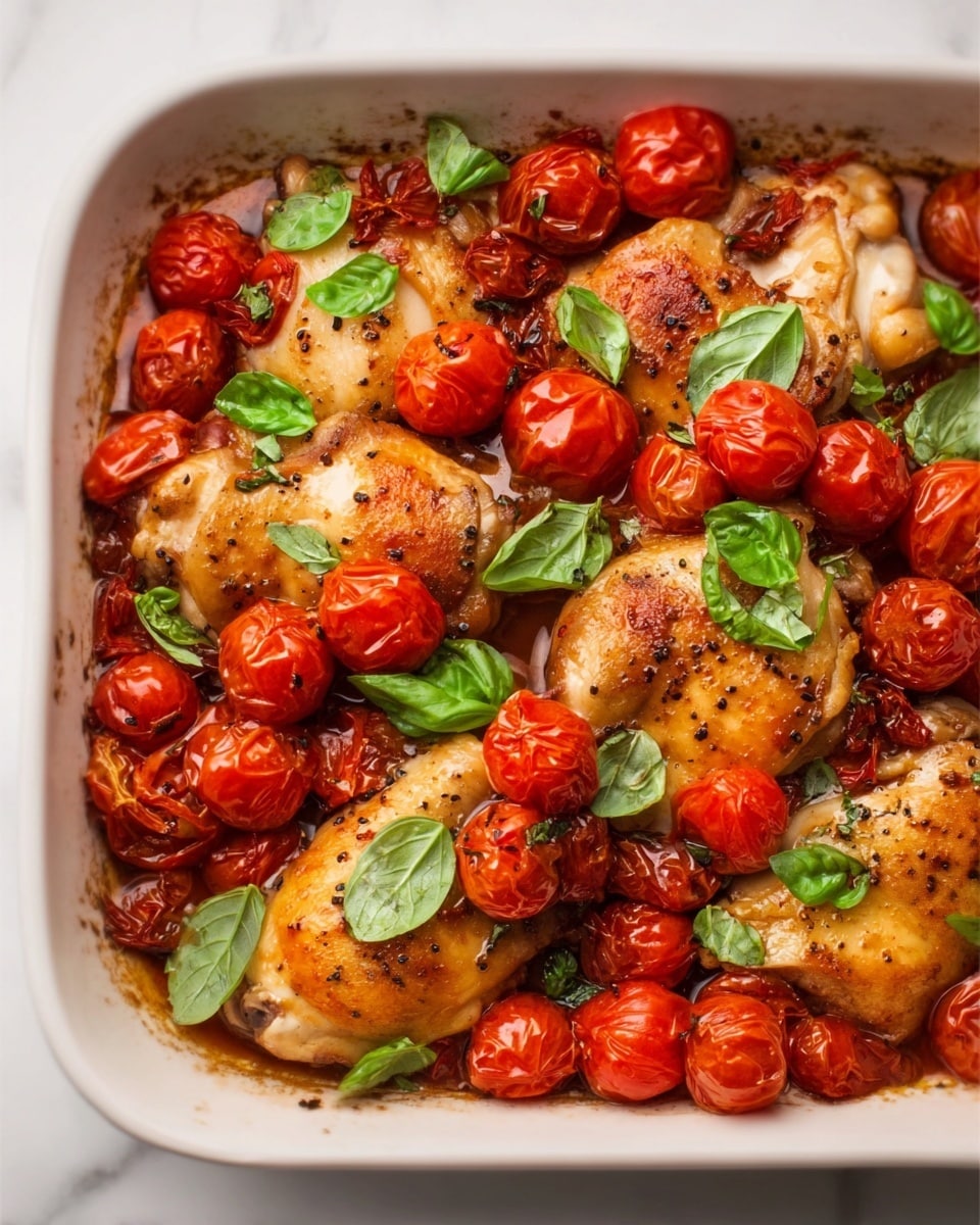 The image shows cooked chicken pieces in a white dish, topped with bright red cooked cherry tomatoes and fresh green basil leaves scattered all over. The chicken skin is golden brown and looks crispy, with some dark pepper specks visible. The cherry tomatoes are soft, slightly wrinkled, and juicy, sitting both on top and around the chicken in the dish. The basil leaves add a vibrant green contrast and fresh texture to the warm colors of the chicken and tomatoes. The dish rests on a white marbled surface, highlighting the rich colors of the food. photo taken with an iphone --ar 4:5 --v 7